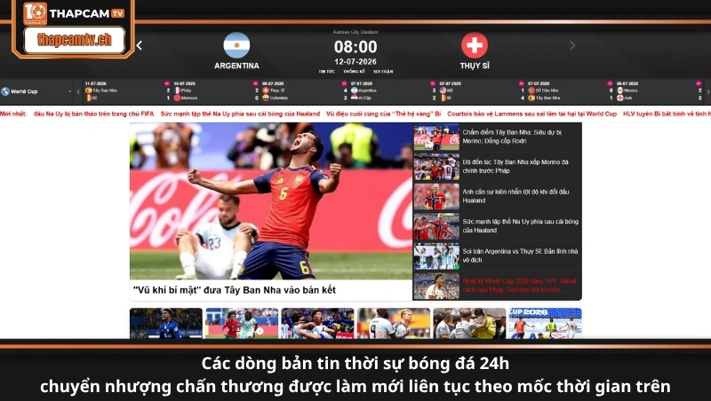 Giao diện chuyên mục tin tức bóng đá trực tuyến hôm nay hiển thị danh sách các bản tin mới nhất trong ngày trên ThapcamTV