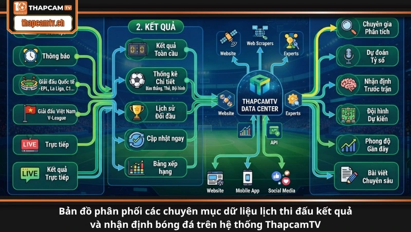 Bản đồ phân phối các chuyên mục dữ liệu lịch thi đấu kết quả và nhận định bóng đá trên hệ thống ThapcamTV