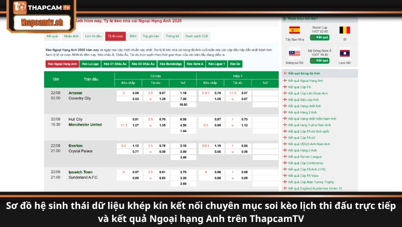 Sơ đồ hệ sinh thái dữ liệu khép kín kết nối chuyên mục soi kèo lịch thi đấu trực tiếp và kết quả Ngoại hạng Anh trên ThapcamTV