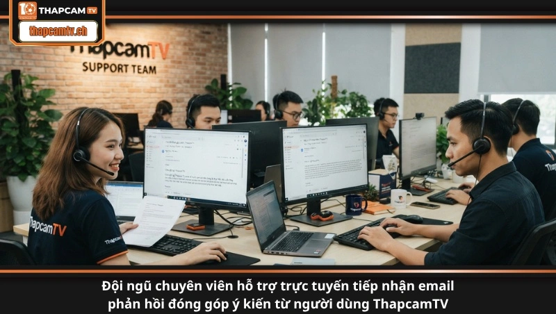 Đội ngũ chuyên viên hỗ trợ trực tuyến tiếp nhận email phản hồi đóng góp ý kiến từ người dùng ThapcamTV