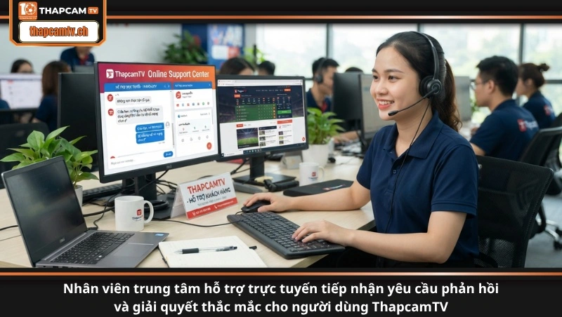 Nhân viên trung tâm hỗ trợ trực tuyến tiếp nhận yêu cầu phản hồi và giải quyết thắc mắc cho người dùng ThapcamTV