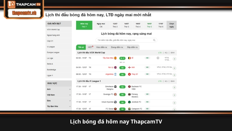 Lịch bóng đá hôm nay ThapcamTV