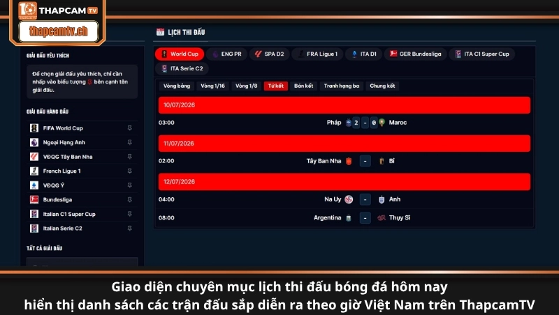 Giao diện chuyên mục lịch thi đấu bóng đá hôm nay hiển thị danh sách các trận đấu sắp diễn ra theo giờ Việt Nam trên ThapcamTV