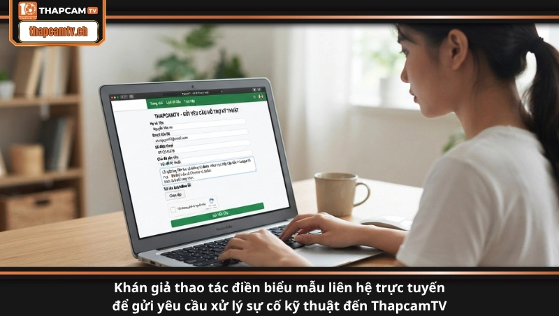 Khán giả thao tác điền biểu mẫu liên hệ trực tuyến để gửi yêu cầu xử lý sự cố kỹ thuật đến ThapcamTV