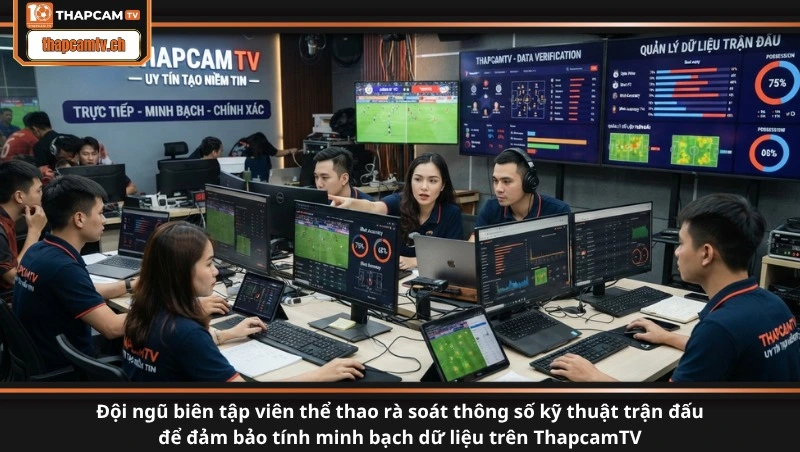 Đội ngũ biên tập viên thể thao rà soát thông số kỹ thuật trận đấu để đảm bảo tính minh bạch dữ liệu trên ThapcamTV