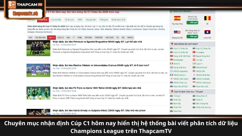 Chuyên mục nhận định Cúp C1 hôm nay hiển thị hệ thống bài viết phân tích dữ liệu Champions League trên ThapcamTV