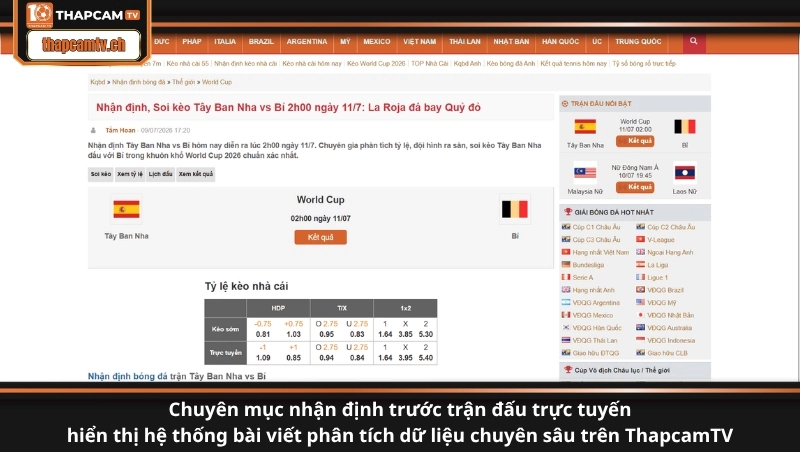 Chuyên mục nhận định trước trận đấu trực tuyến hiển thị hệ thống bài viết phân tích dữ liệu chuyên sâu trên ThapcamTV