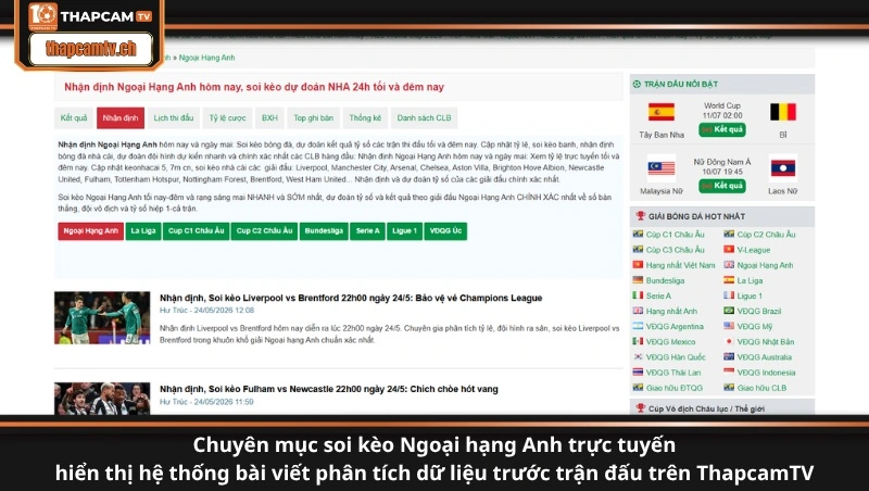 Chuyên mục soi kèo Ngoại hạng Anh trực tuyến hiển thị hệ thống bài viết phân tích dữ liệu trước trận đấu trên ThapcamTV