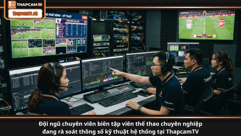 Đội ngũ chuyên viên biên tập viên thể thao chuyên nghiệp đang rà soát thông số kỹ thuật hệ thống tại ThapcamTV